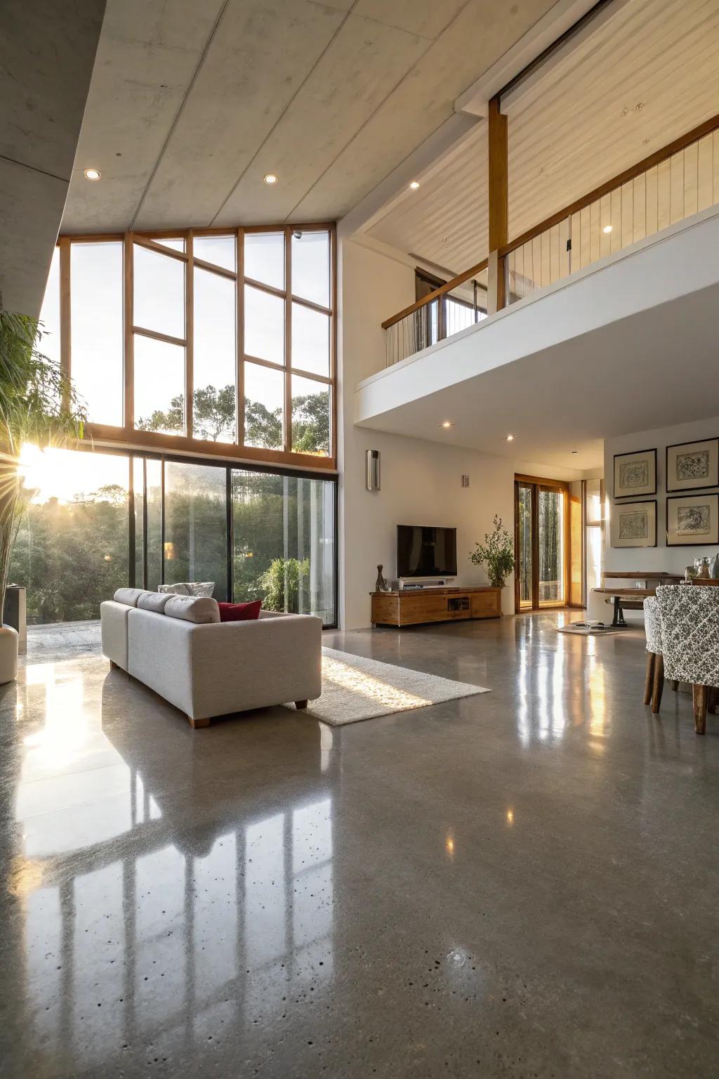 The reflective quality of polished concrete can completely transform a room.