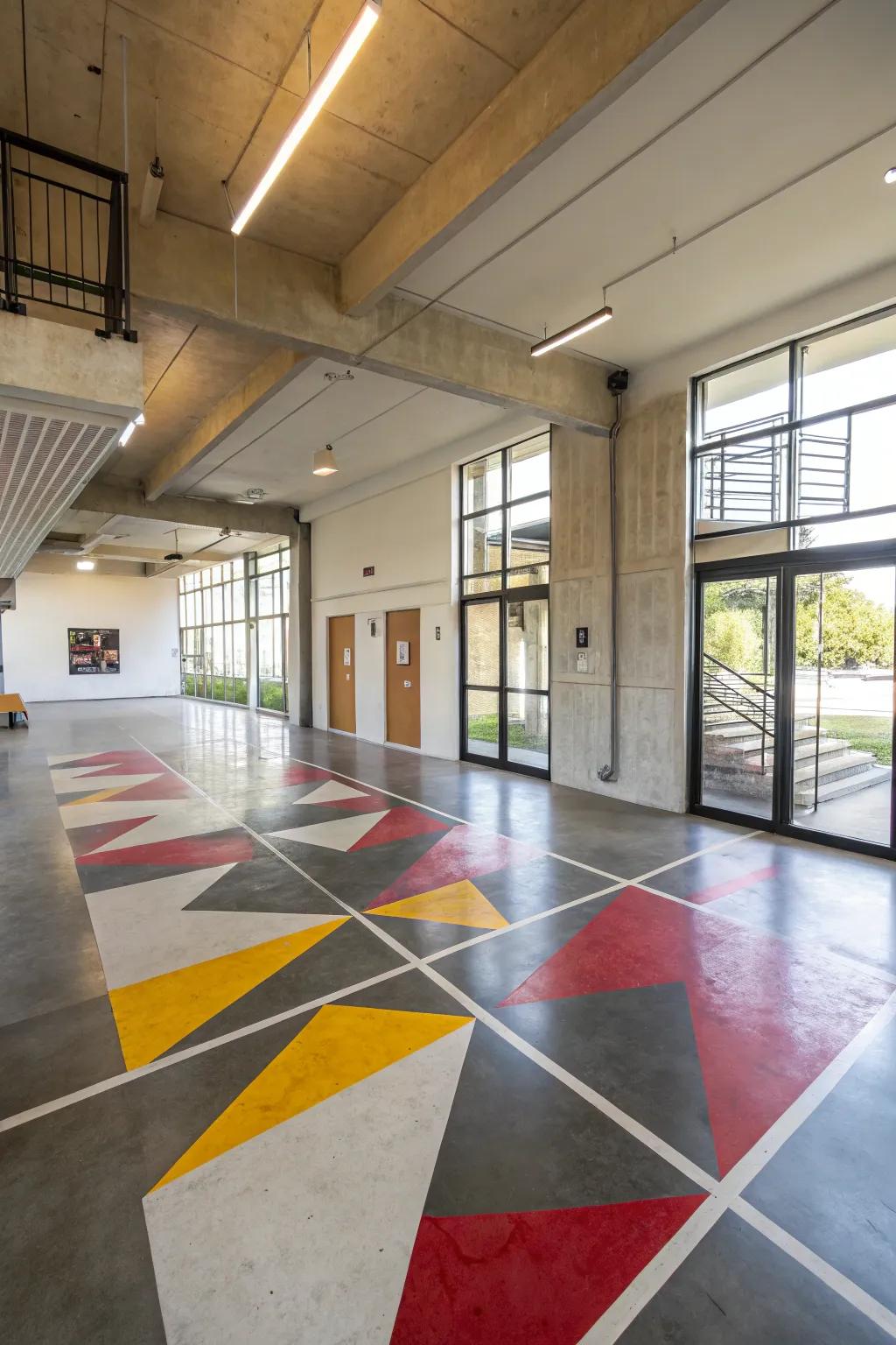 A striking geometric pattern on a concrete floor that adds a modern touch to the space.