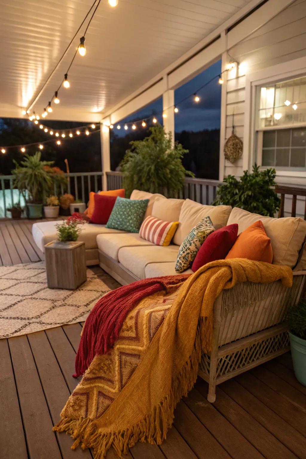 An indoor deck with a cozy seating area, perfect for relaxation.