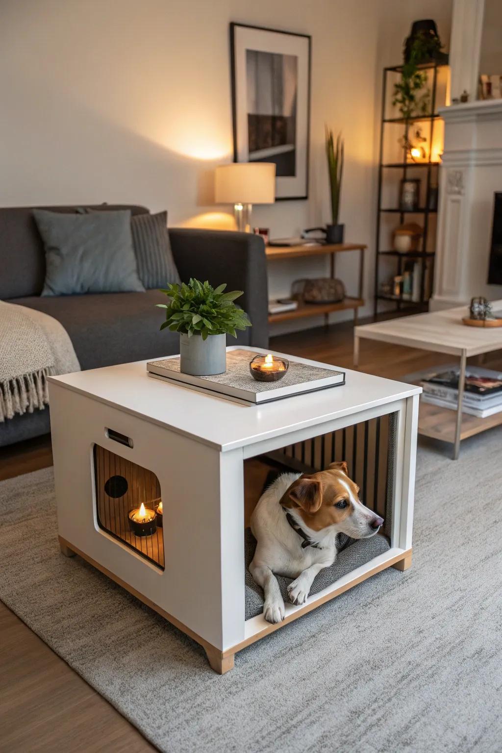 A coffee table doubling as a dog house keeps your canine close and your decor chic.