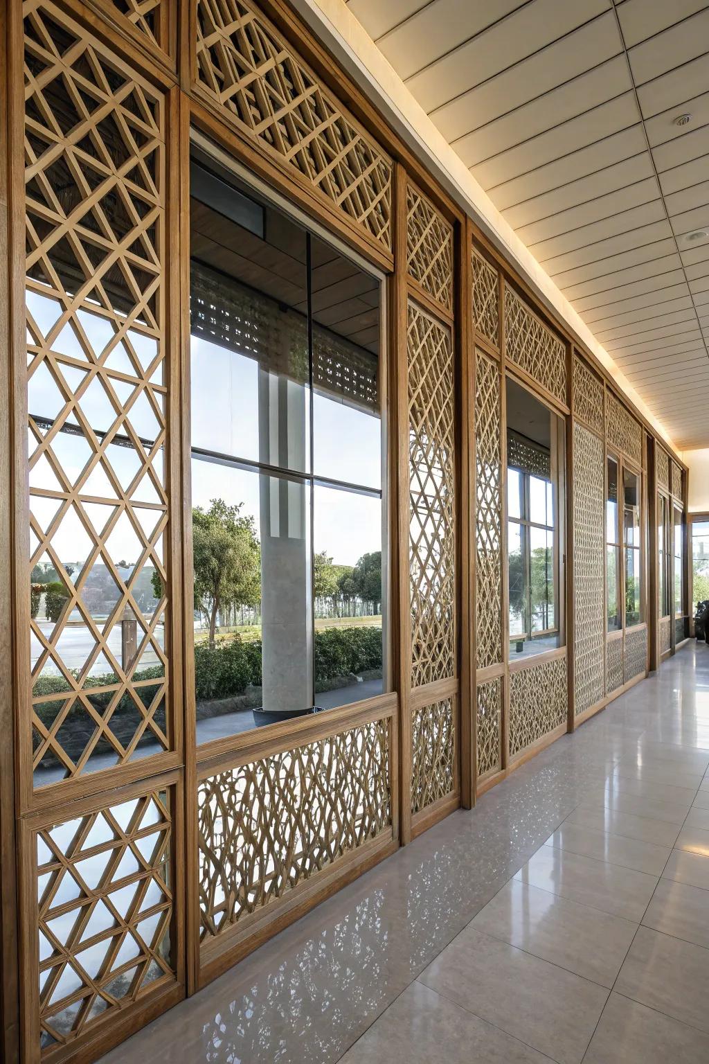 Lattice wall featuring mirrors, crafting a sense of expanded room and light.