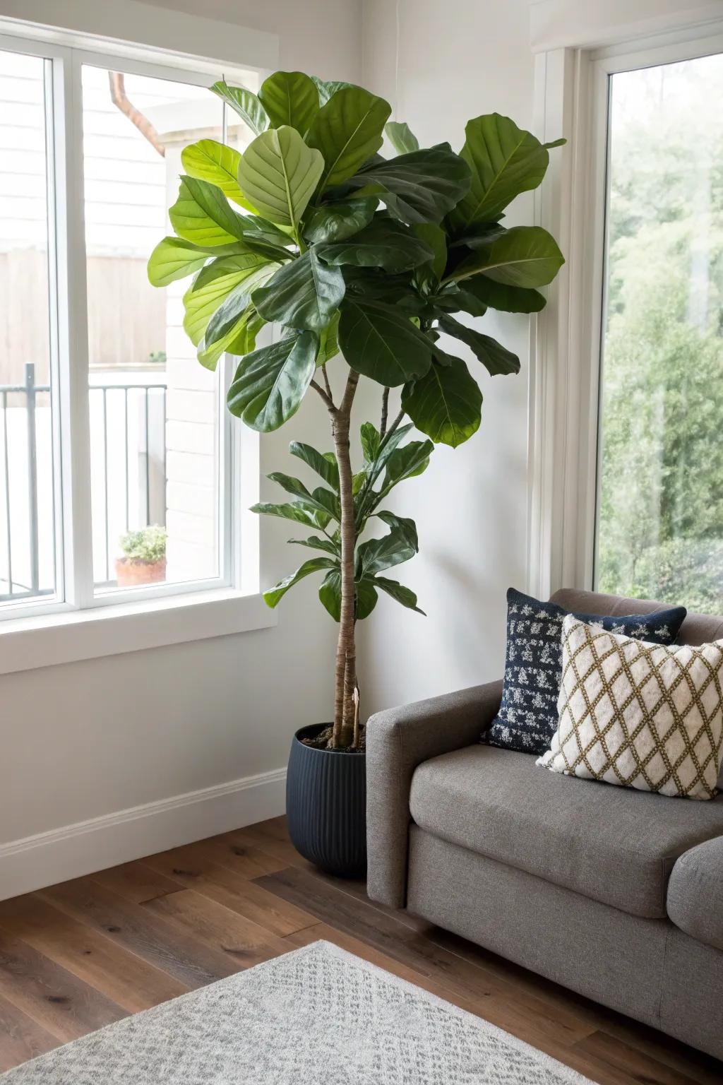 Elevate your living area with the lofty presence of a leafy elegance plant.