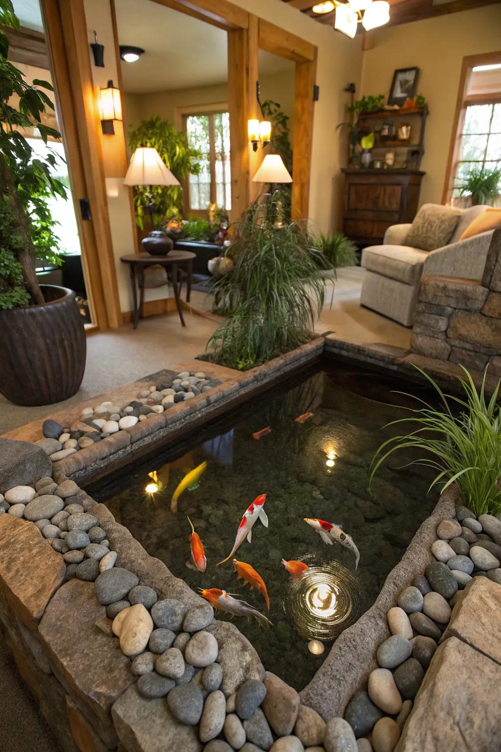 A tiny carp pond offers calmness and charm.