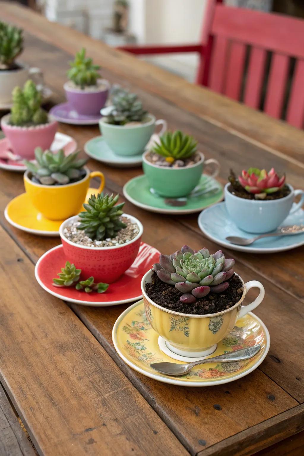 Quaint teacups serve as adorable homes for tiny succulents.