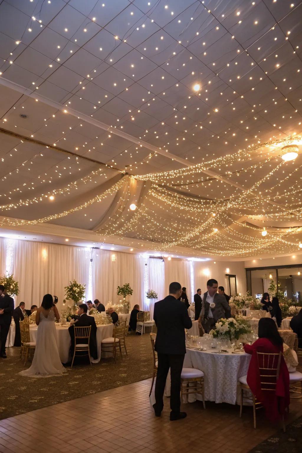 An indoor wedding celebration illuminated by a celestial display of twinkle lights.
