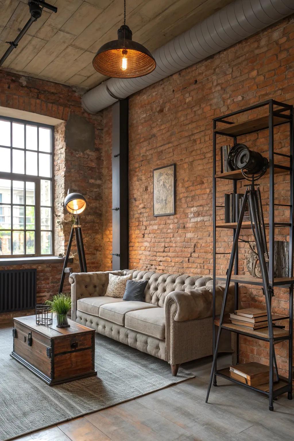 Exposed brick walls enrich this living area.