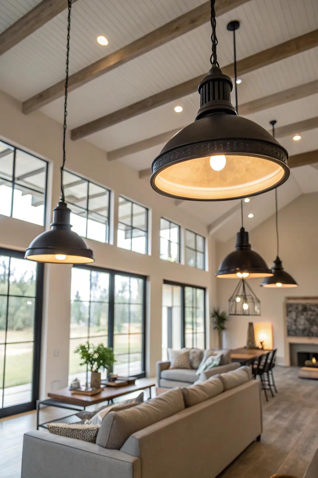 Spacious factory-inspired LED lighting in a welcoming living room