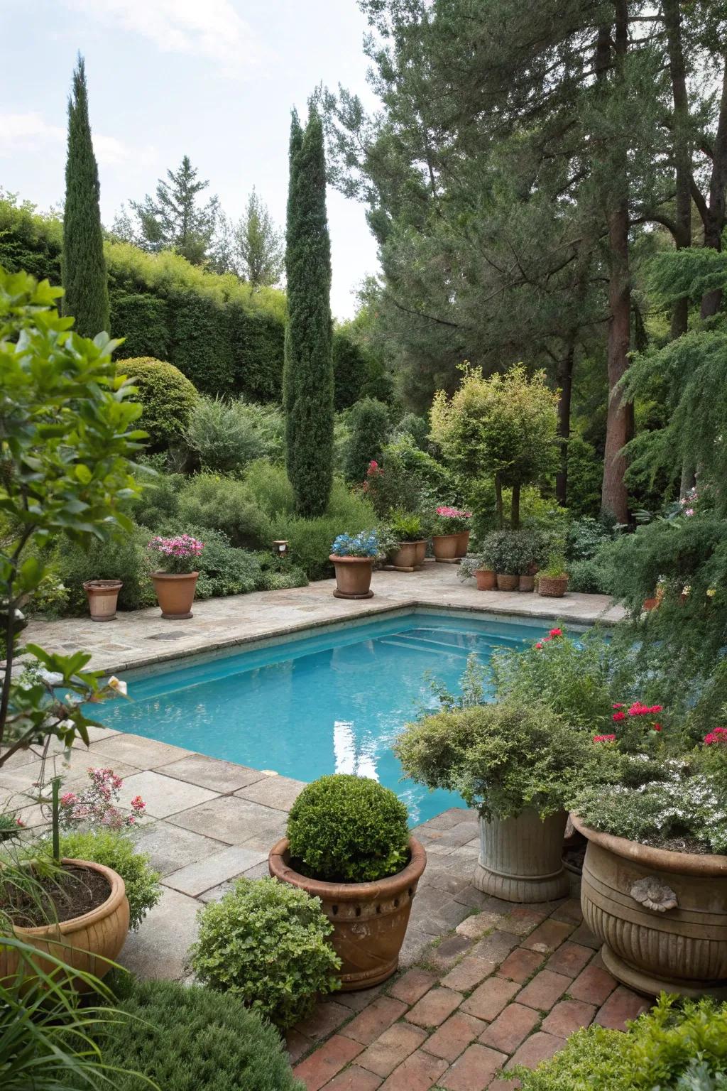 Abundant plants contribute vitality and hue around the swimming pool.