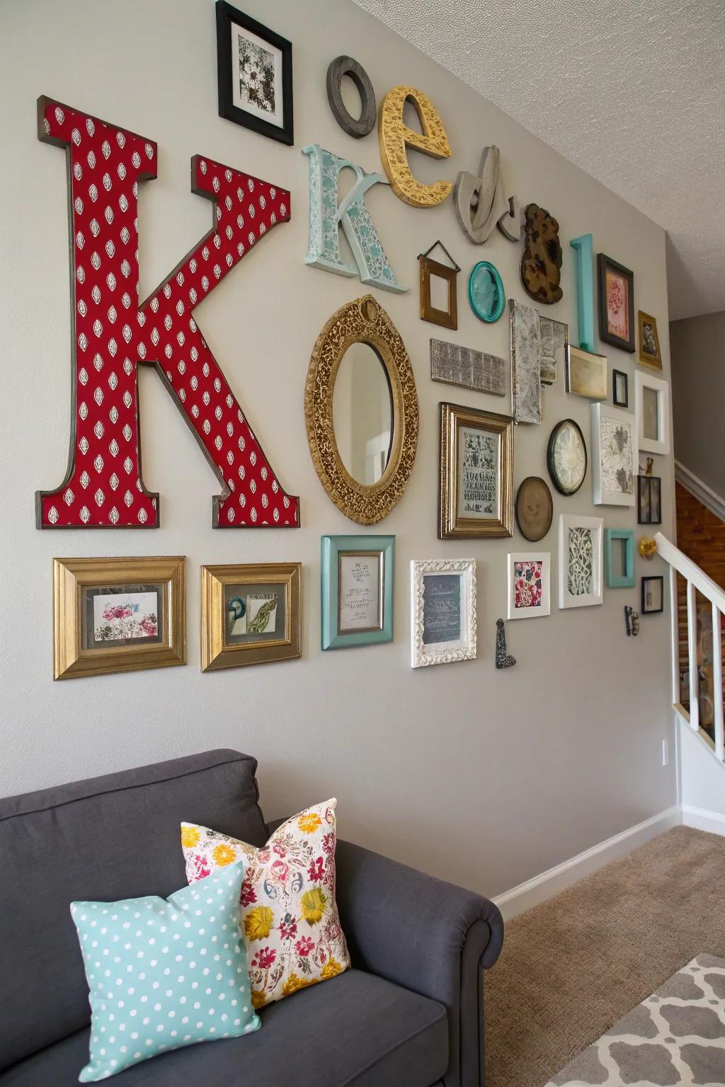 An assortment of initials and frames creates an impressive display.