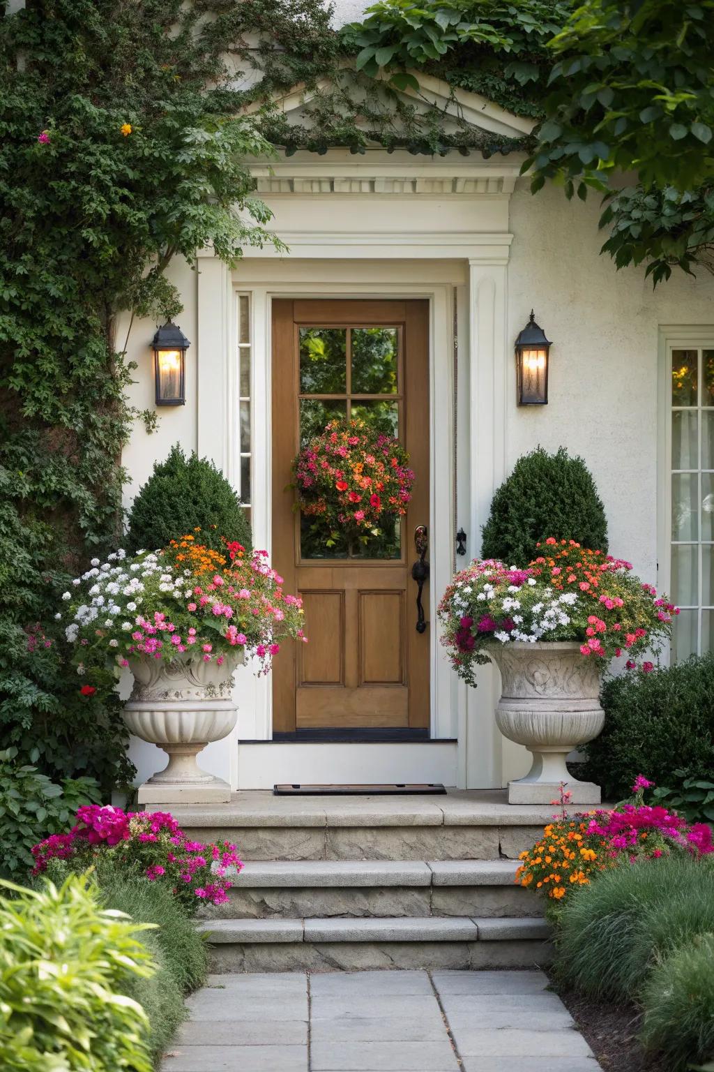 Well balanced flowerpots include a dash of refinement to this built-in front entrance.
