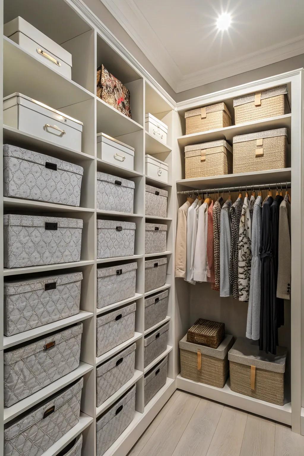 Get the most out of your closet's height by placing shelves high up.