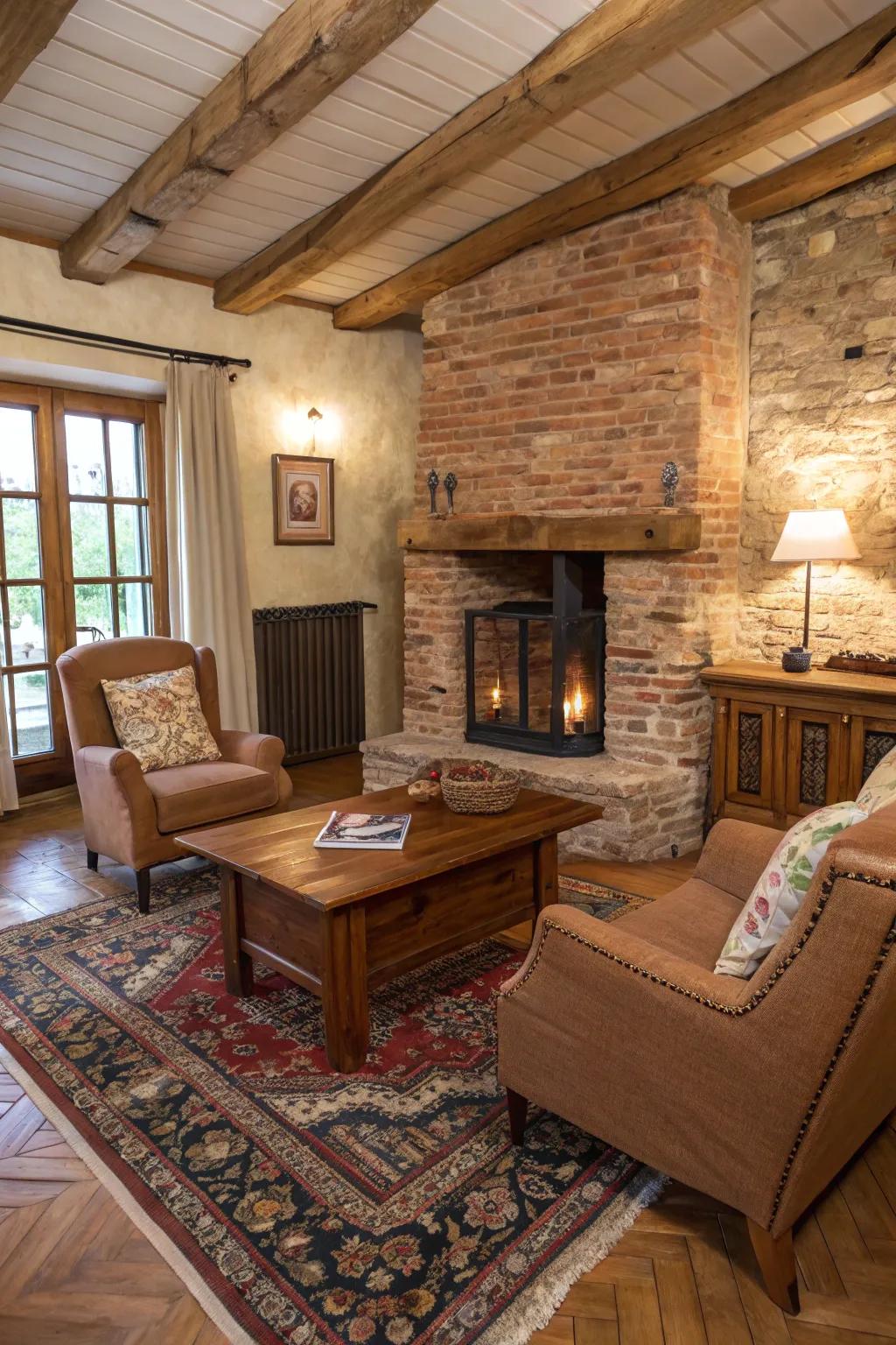 A rustic living room featuring an exposed brick wall and wooden accents for a cozy feel.