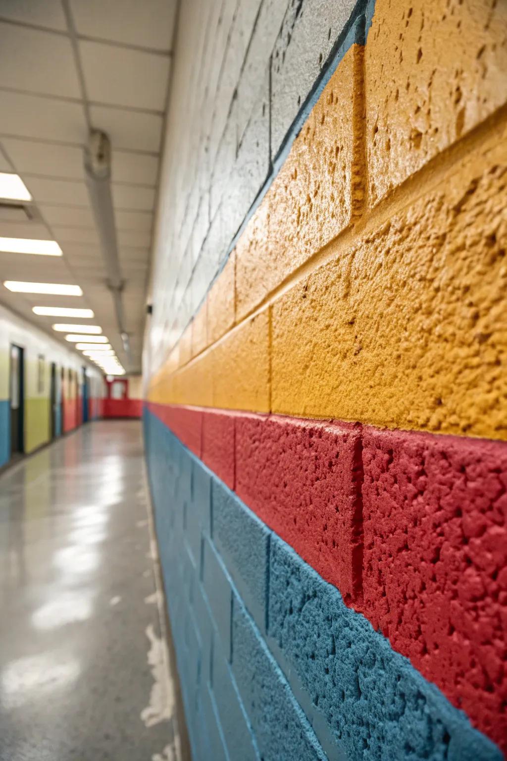 A cinder block wall enhanced with textured paint in vibrant colors.