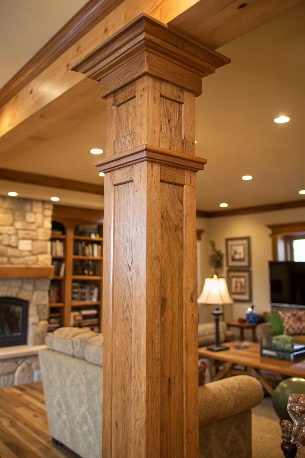 Natural wood columns lend warmth and character.