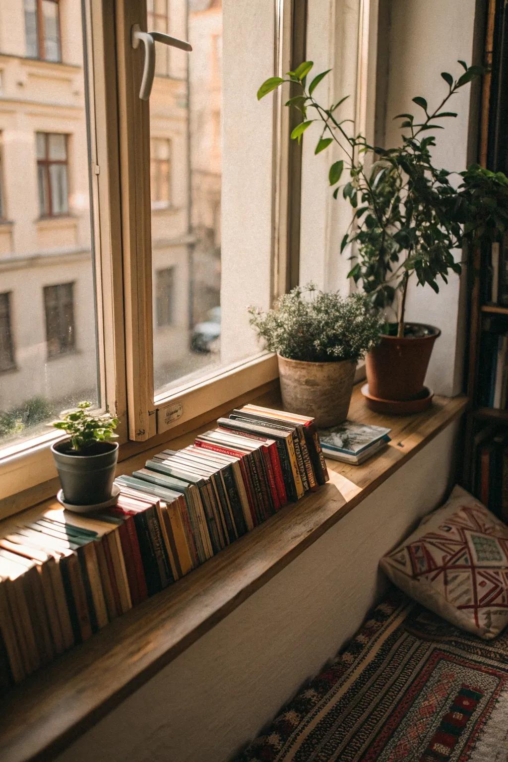 A window sill transformed into a charming shelf, showcasing books and greenery.