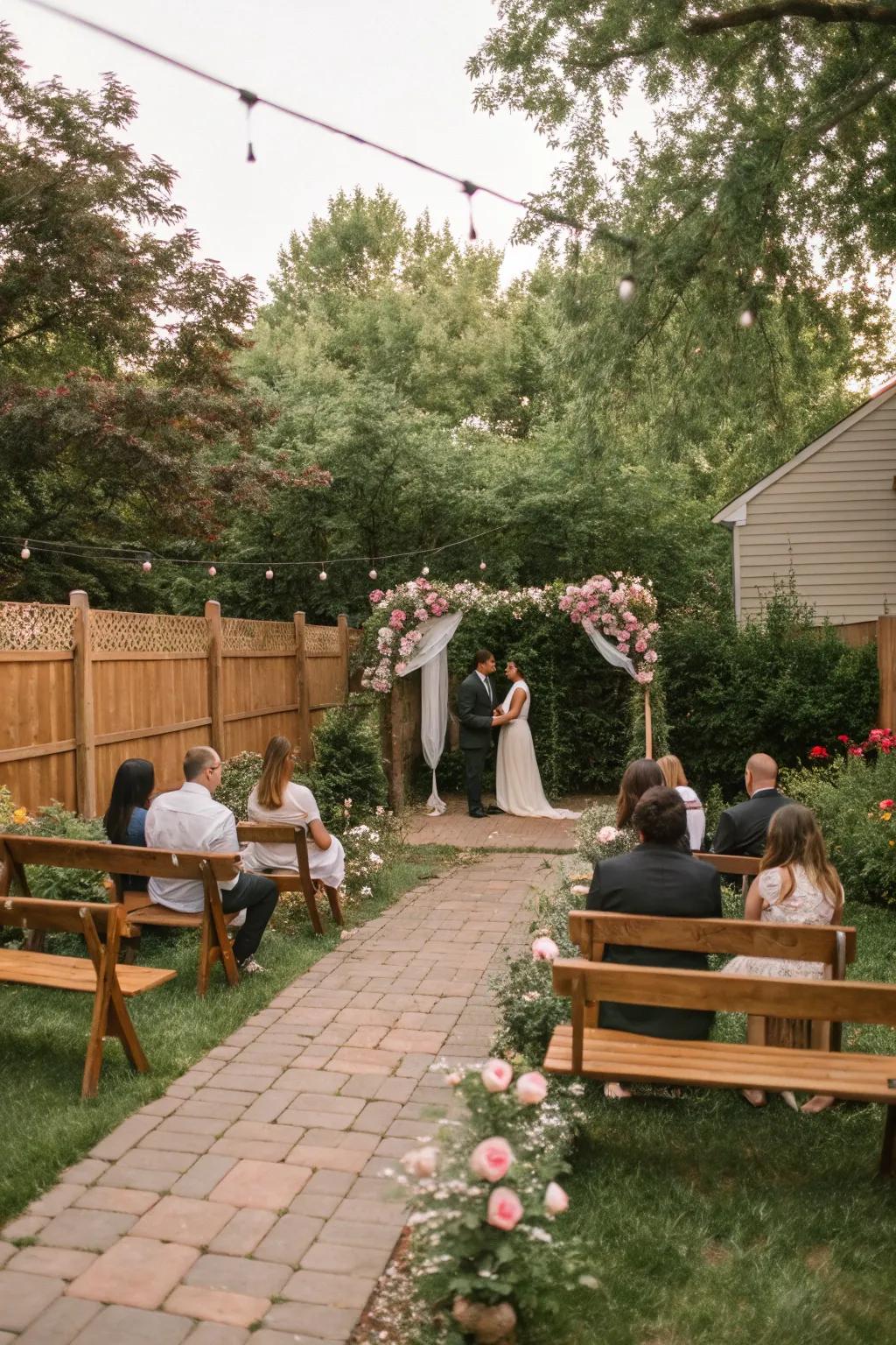 Charming seating setup with wooden benches for a cozy wedding.