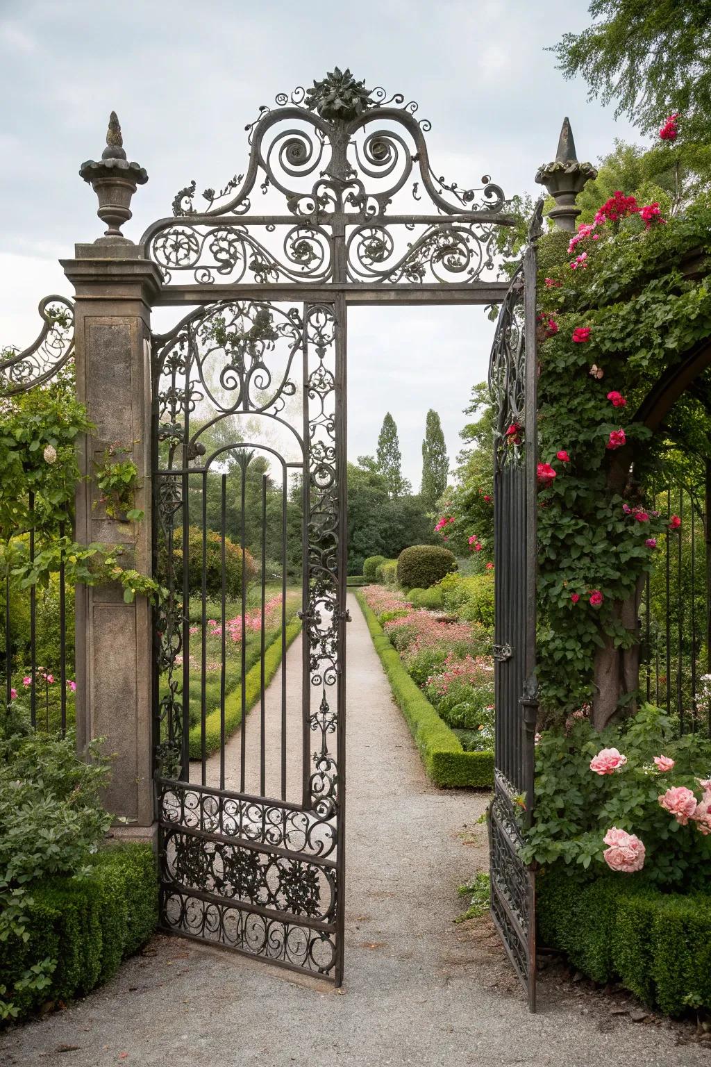 A garden entrance with a beautifully ornate iron gate.