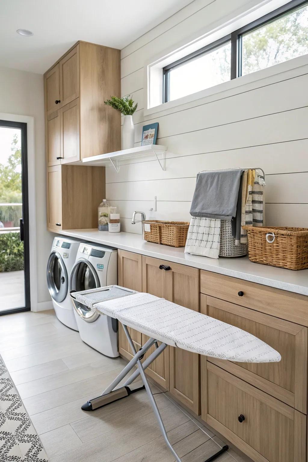 A fold-down wall-mounted ironing station in a modern laundry room.