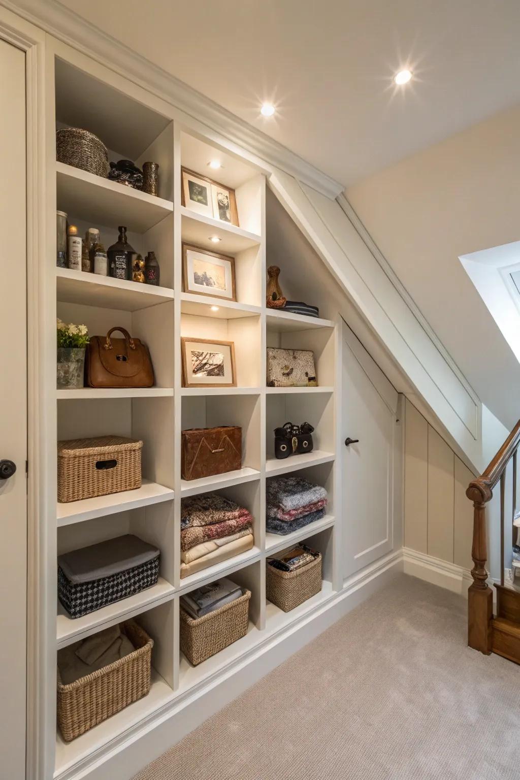 Bespoke shelving crafted to flawlessly integrate into an angled closet wall.
