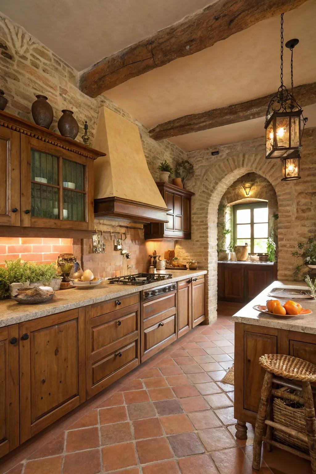Natural colors and terracotta touches give a cozy Italian kitchen atmosphere.