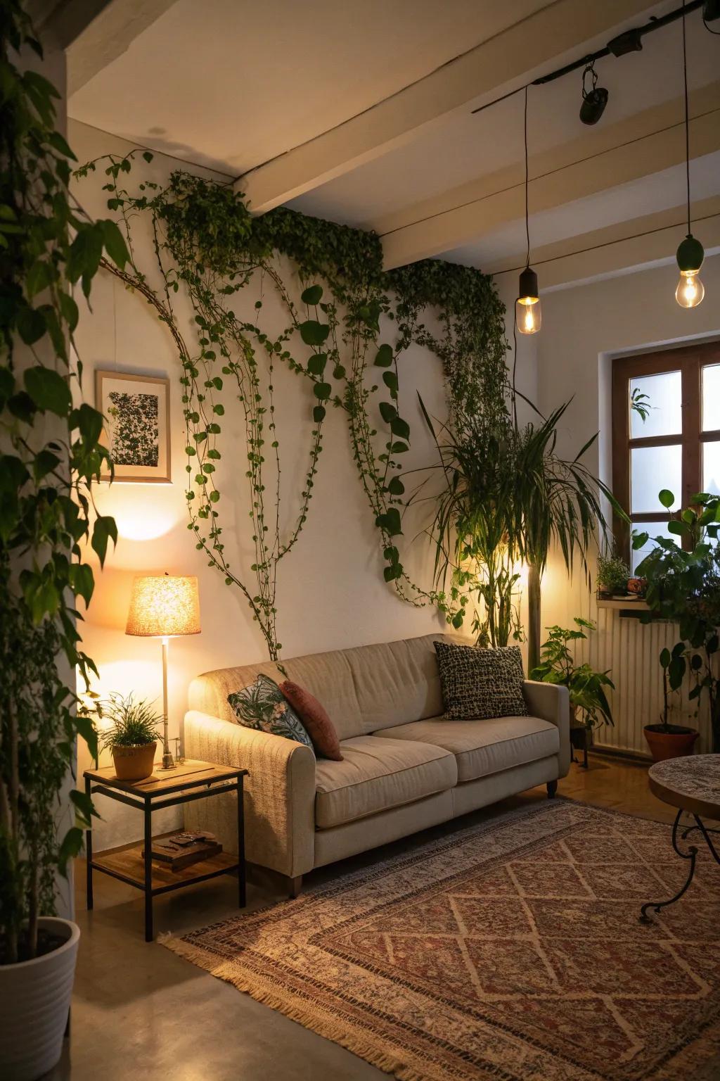 A living room reinvented by a vibrant wall of ivy, fostering a tranquil ambiance.