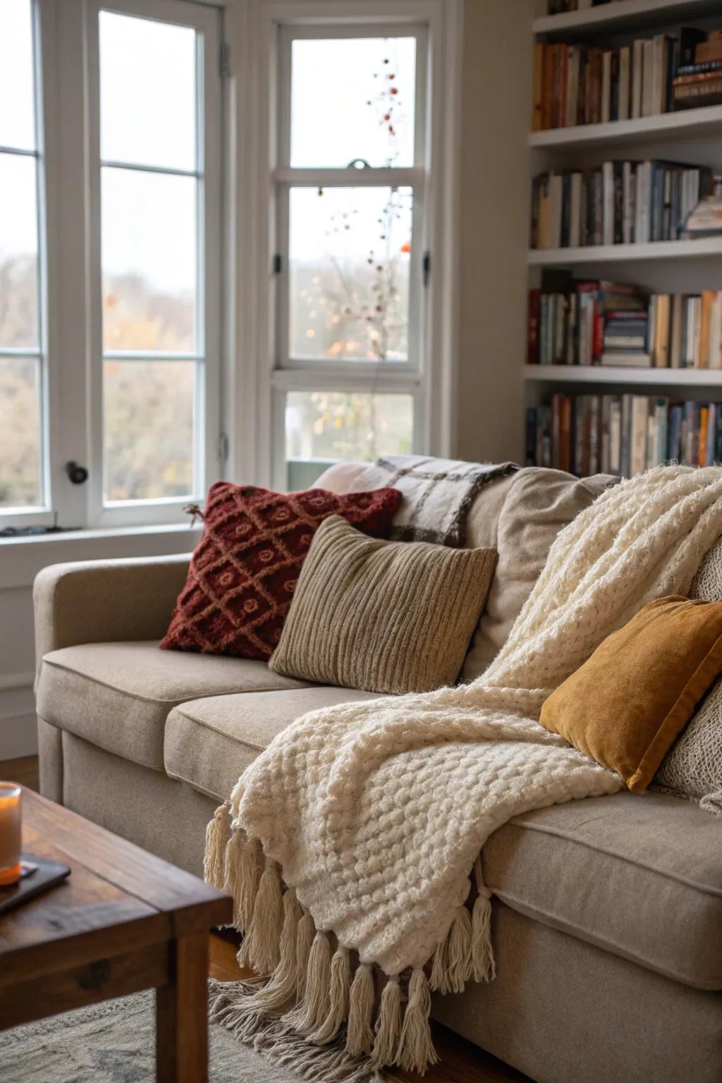 Layer up textured fabrics to create a cozy and stylish living area.