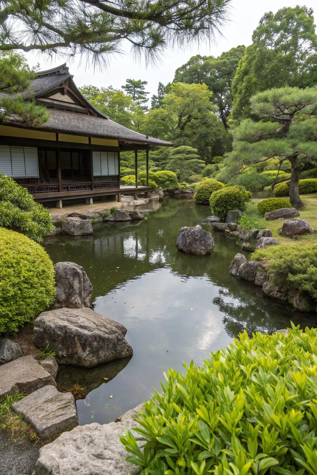 A Japanese garden showcases a small pond embraced by rocks.