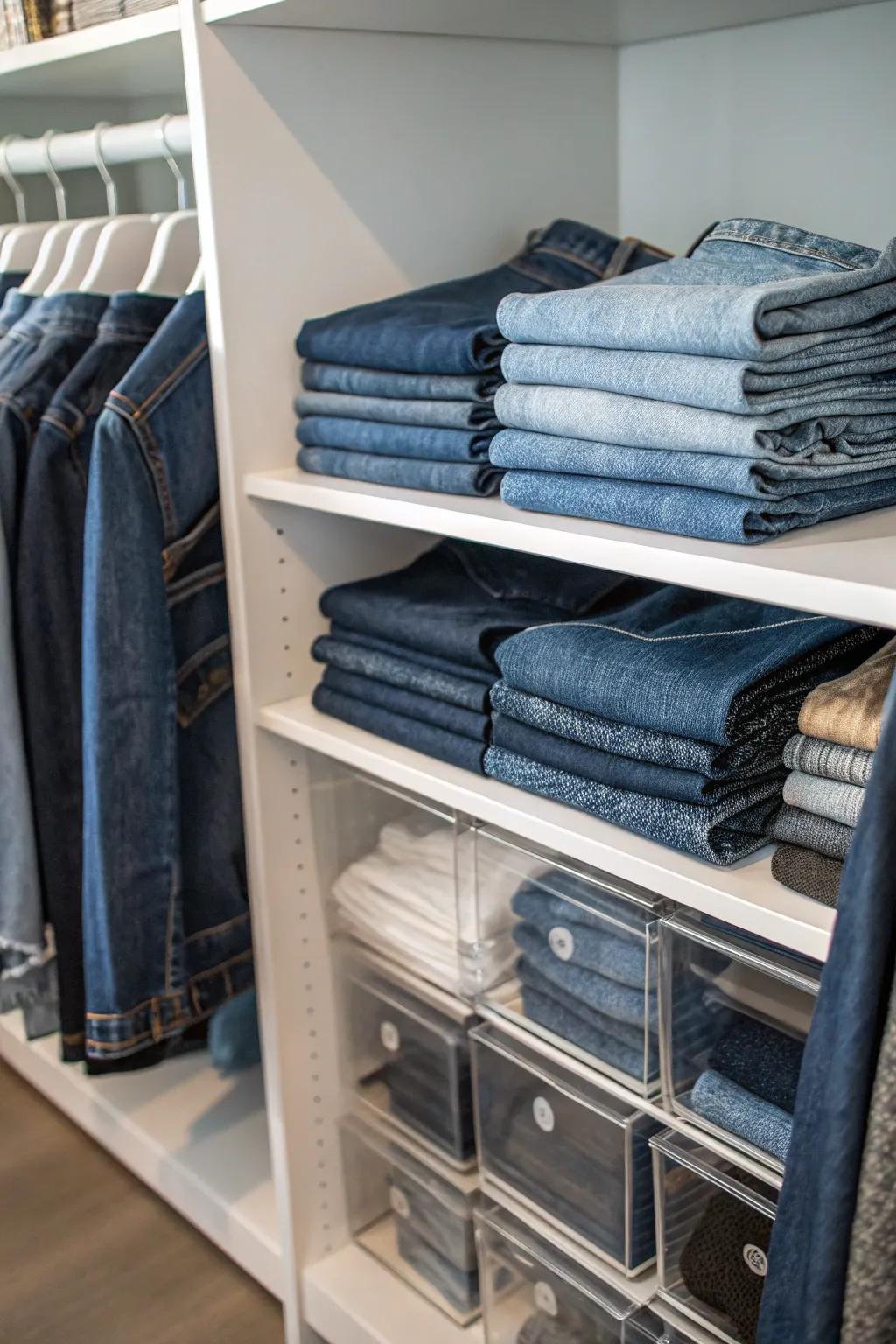 Partition your wardrobe shelves using separators for a streamlined jeans presentation.