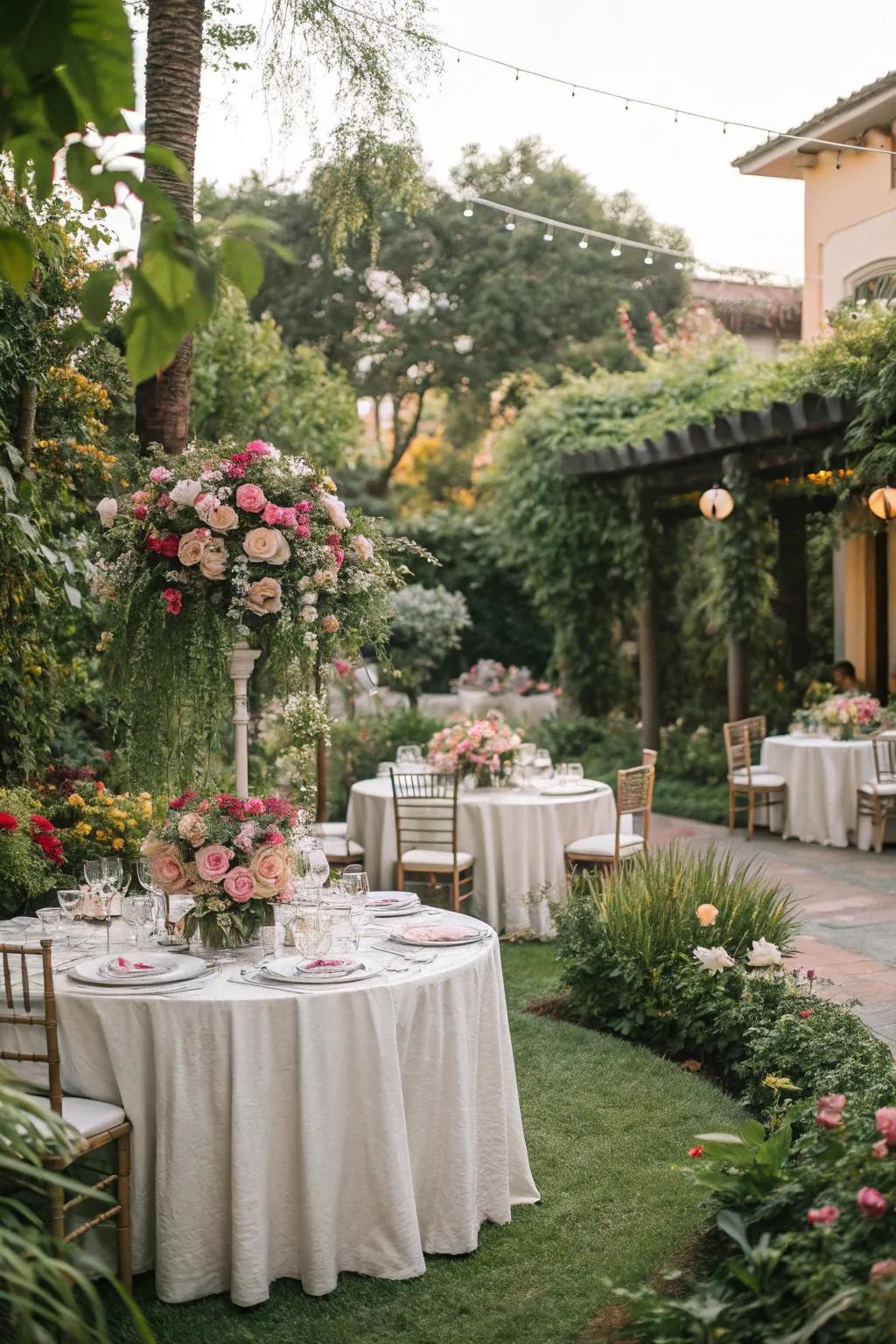 An elegant garden party set up featuring beautiful floral centerpieces and fine china.