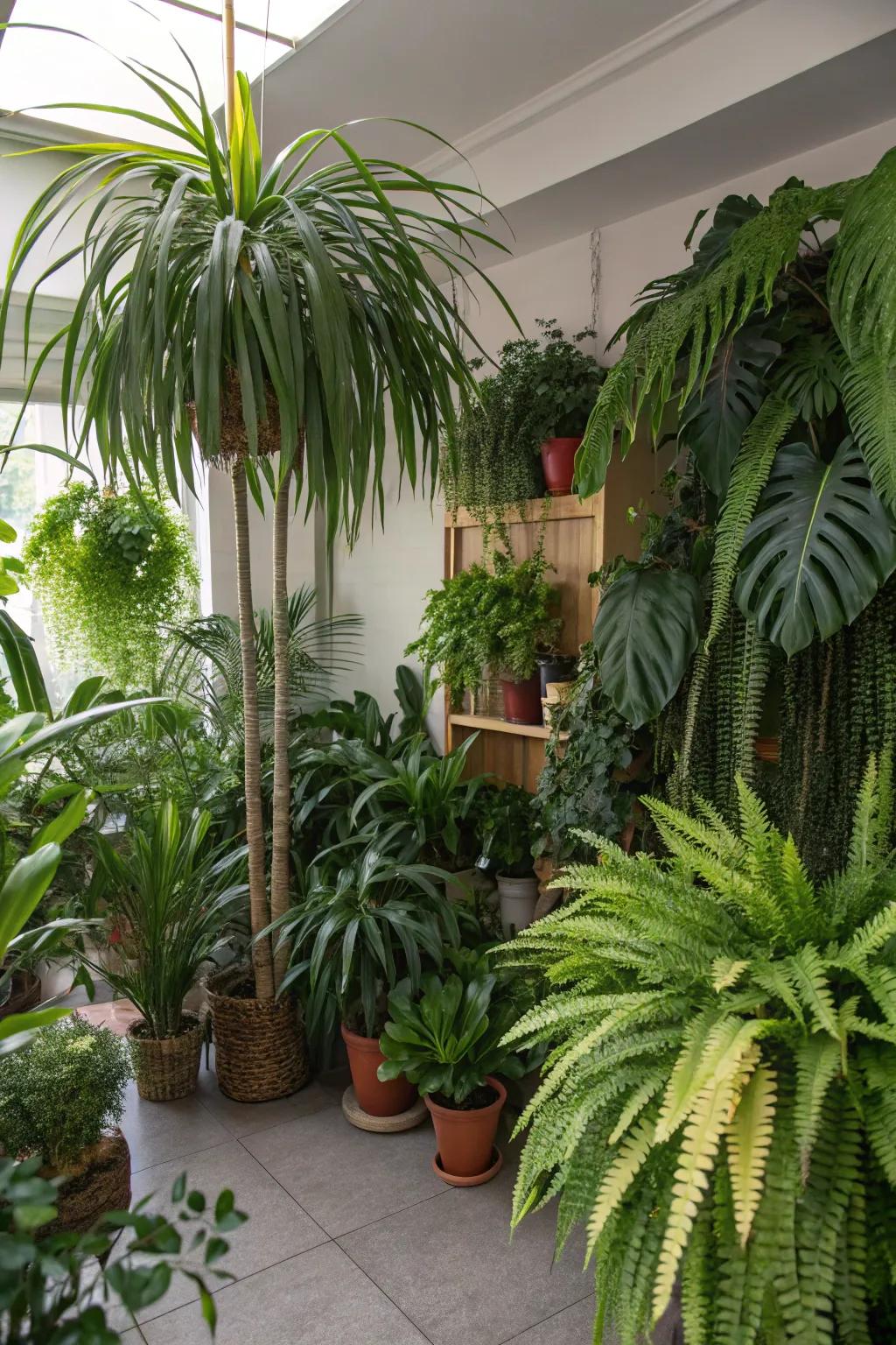 Employ a variety of plants to achieve a layered, luxurious jungle ambiance.