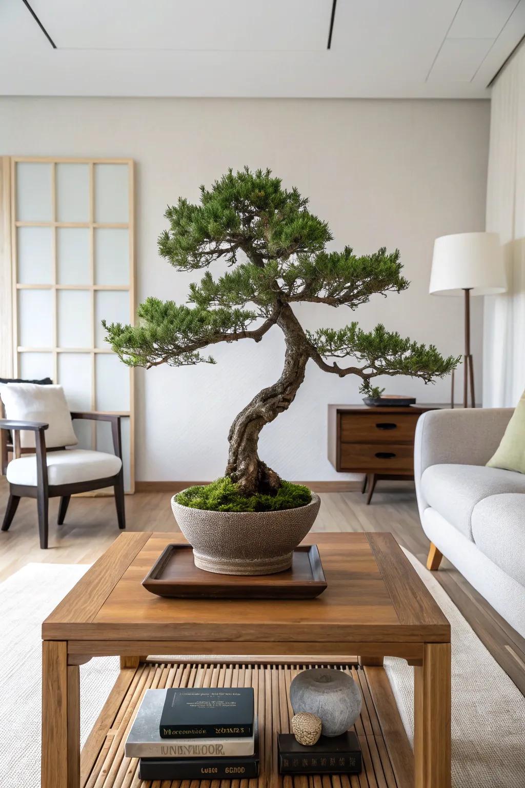 An upright formal juniper bonsai, lending a touch of grace to a pared-down living space.