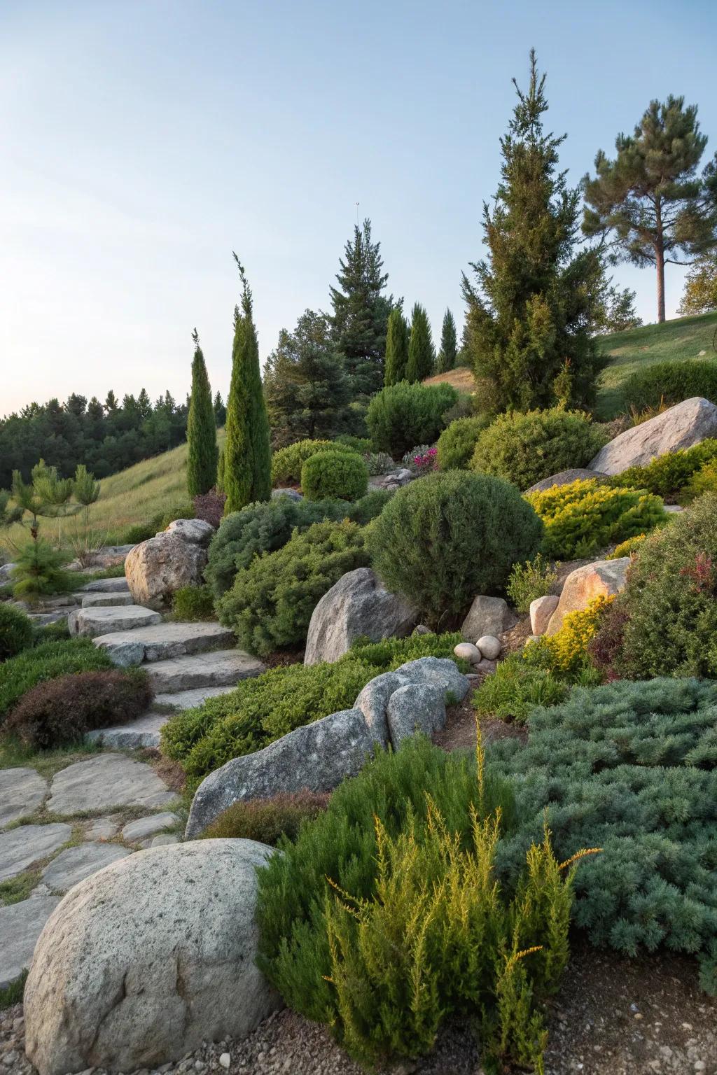 A juniper and rock garden, resulting in a peaceful hillside escape