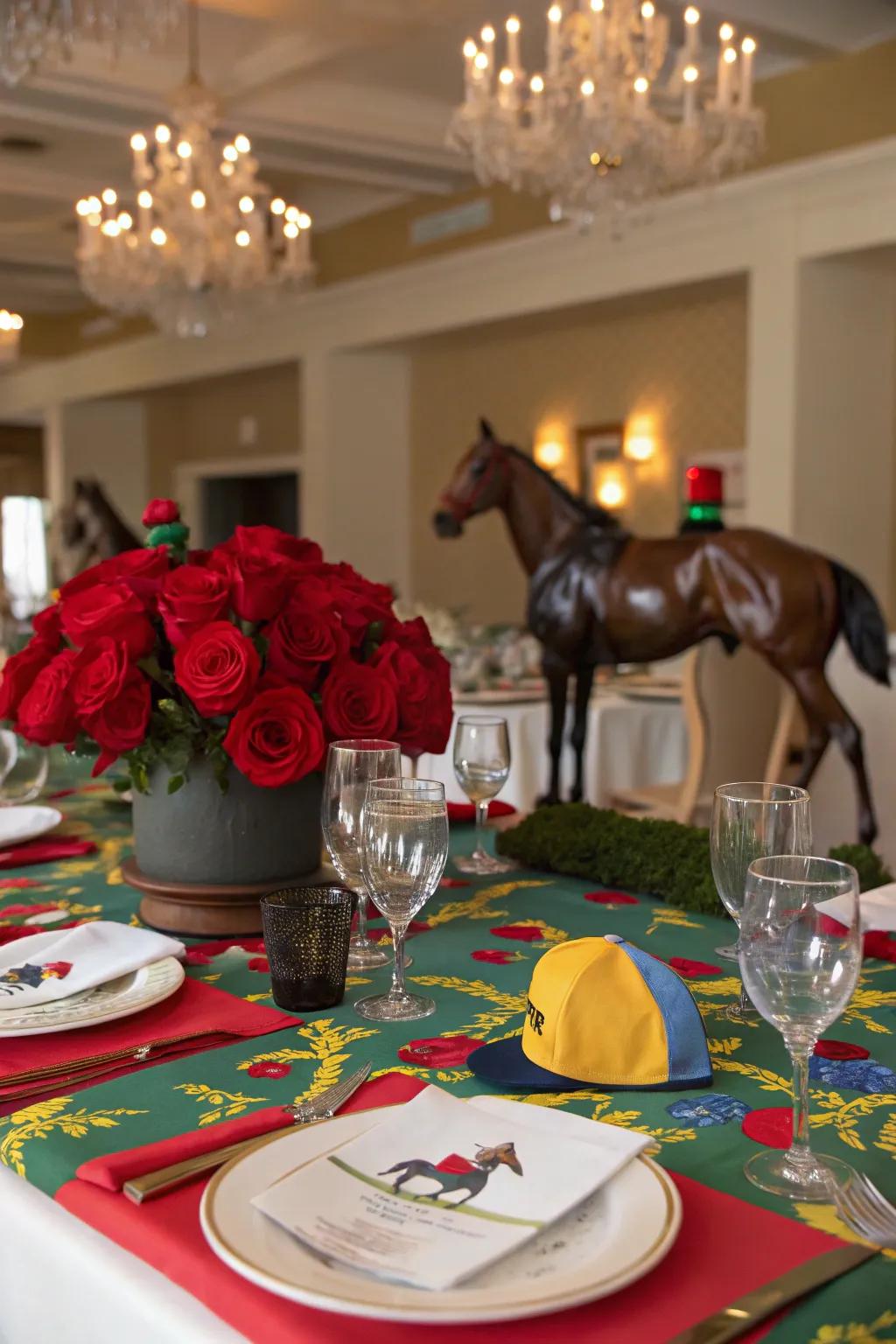 A beautifully arranged table with equestrian-themed decor and red roses for a Derby festivity.