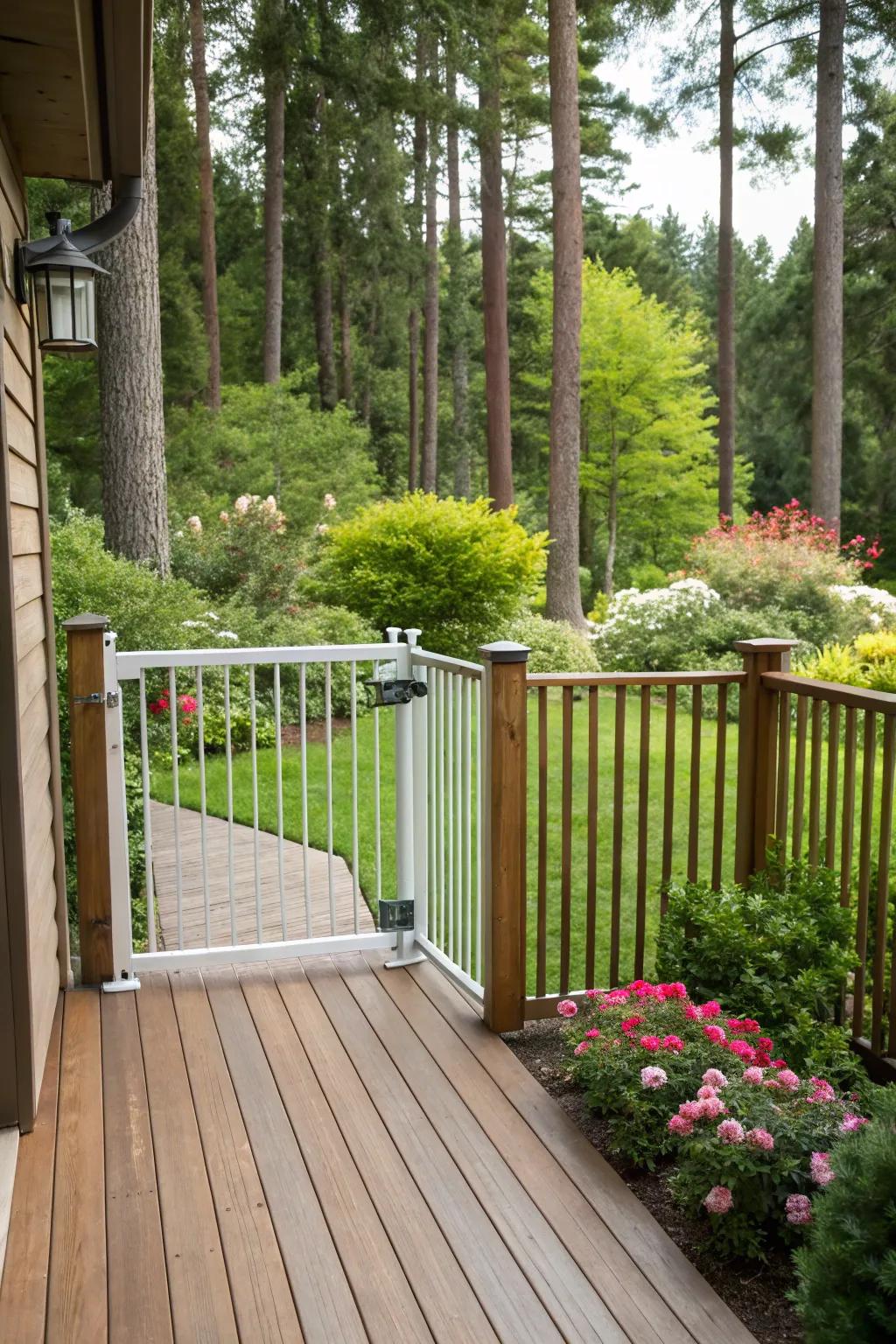 A wooden deck featuring a childproof barrier, bordered by vibrant greenery.
