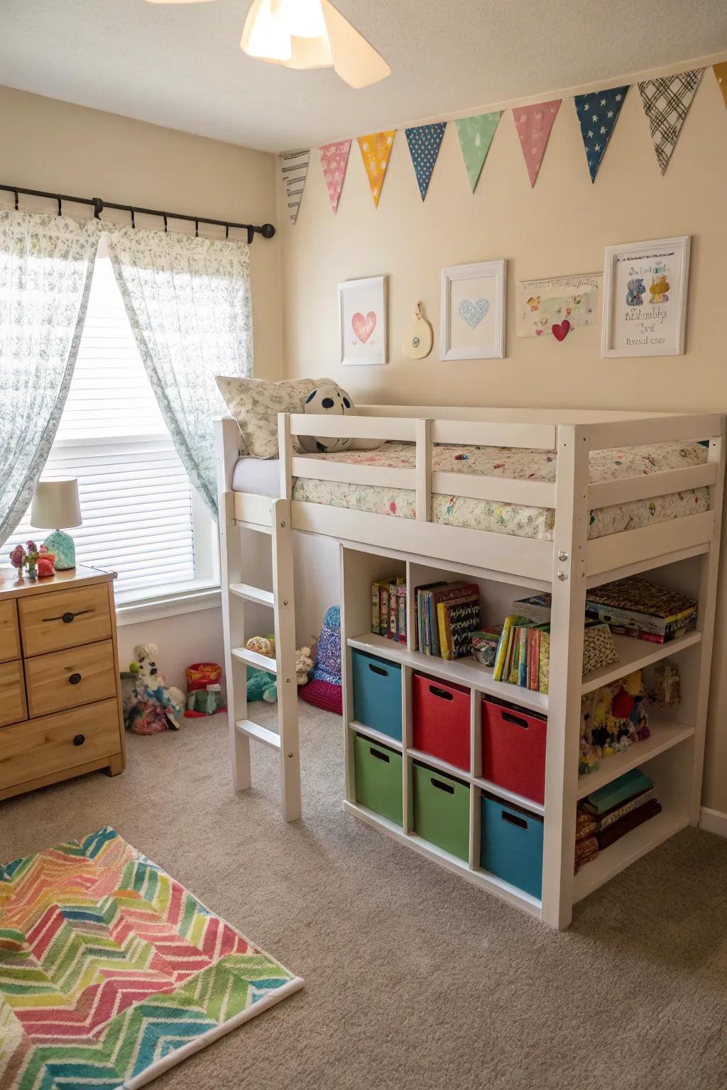 A loft bed setup that maximizes floor space for play and storage.