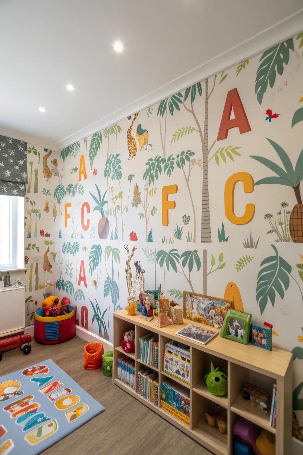 A playroom displaying alphabet-centric wallpaper, merging education with adventure.