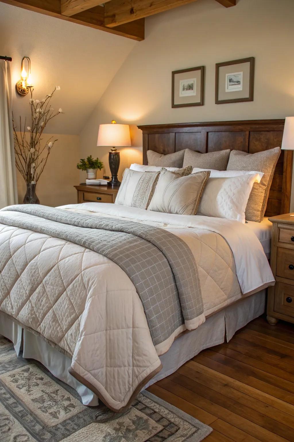 Layered bedding brings a depth of texture and comfort to this king-size bed.