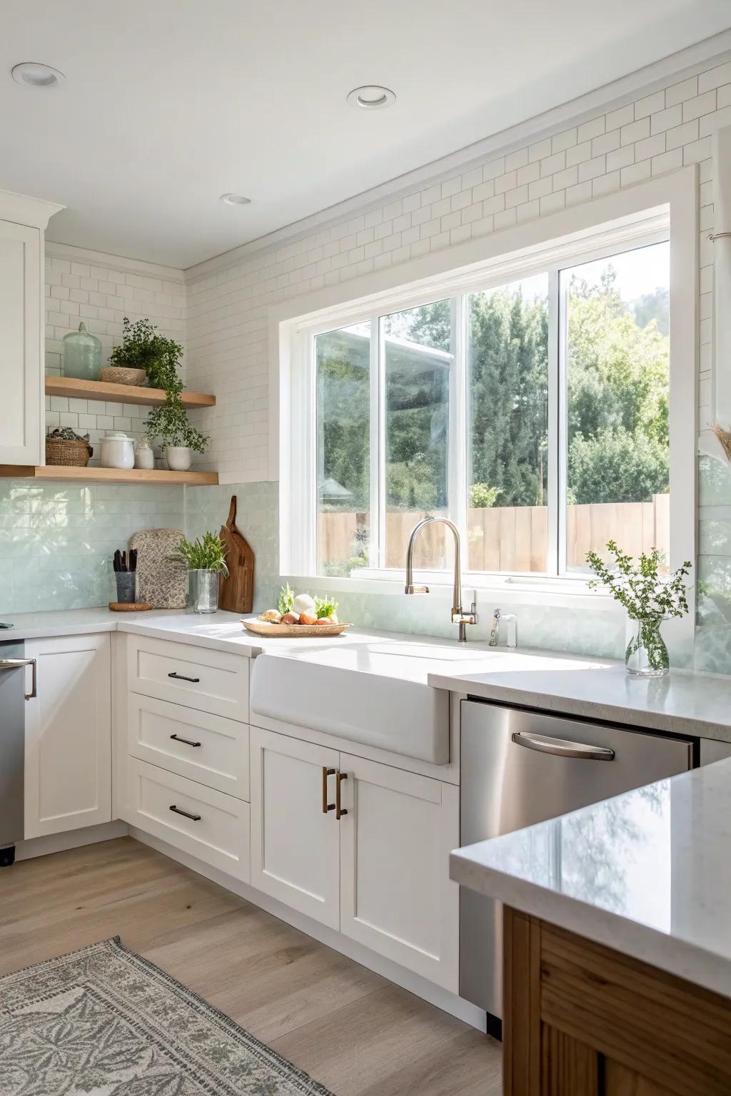 A continuous glass backsplash merges with the window, amplifying the kitchen’s sense of openness.