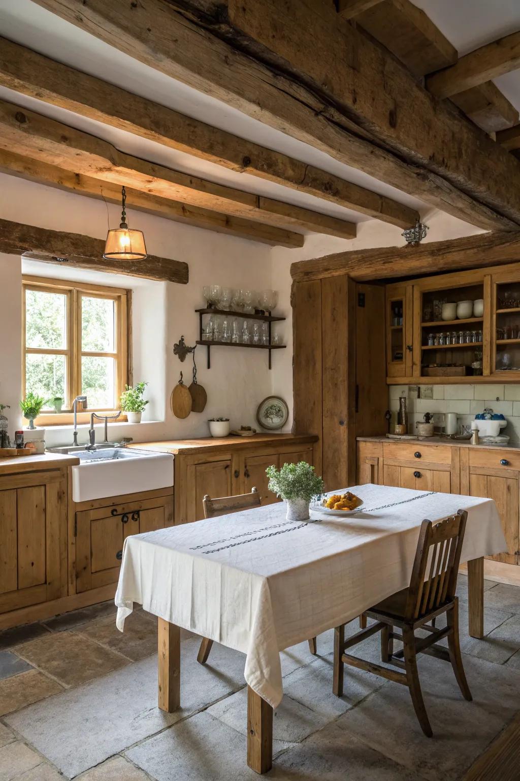 Uncovered timber supports impart timeless natural appeal to your culinary space.