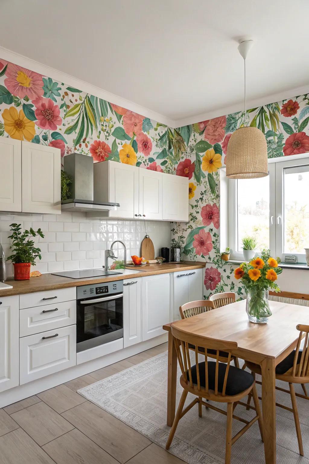 Floral wallpaper borders bring a lively, nature-inspired touch to your kitchen.