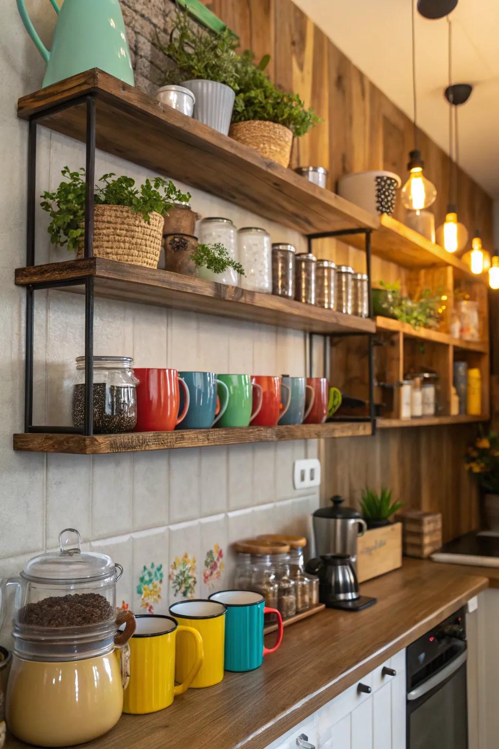 Open shelving offers both usefulness and elegance to your coffee corner.