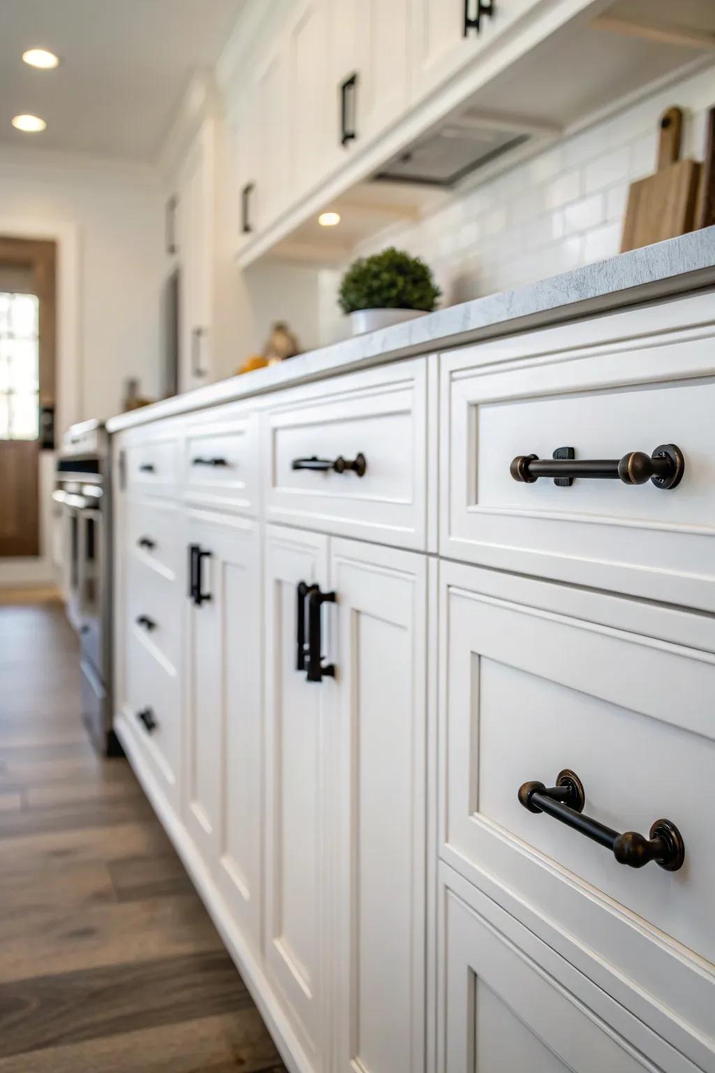 Dark hardware against light cabinets creates a stunning visual contrast.