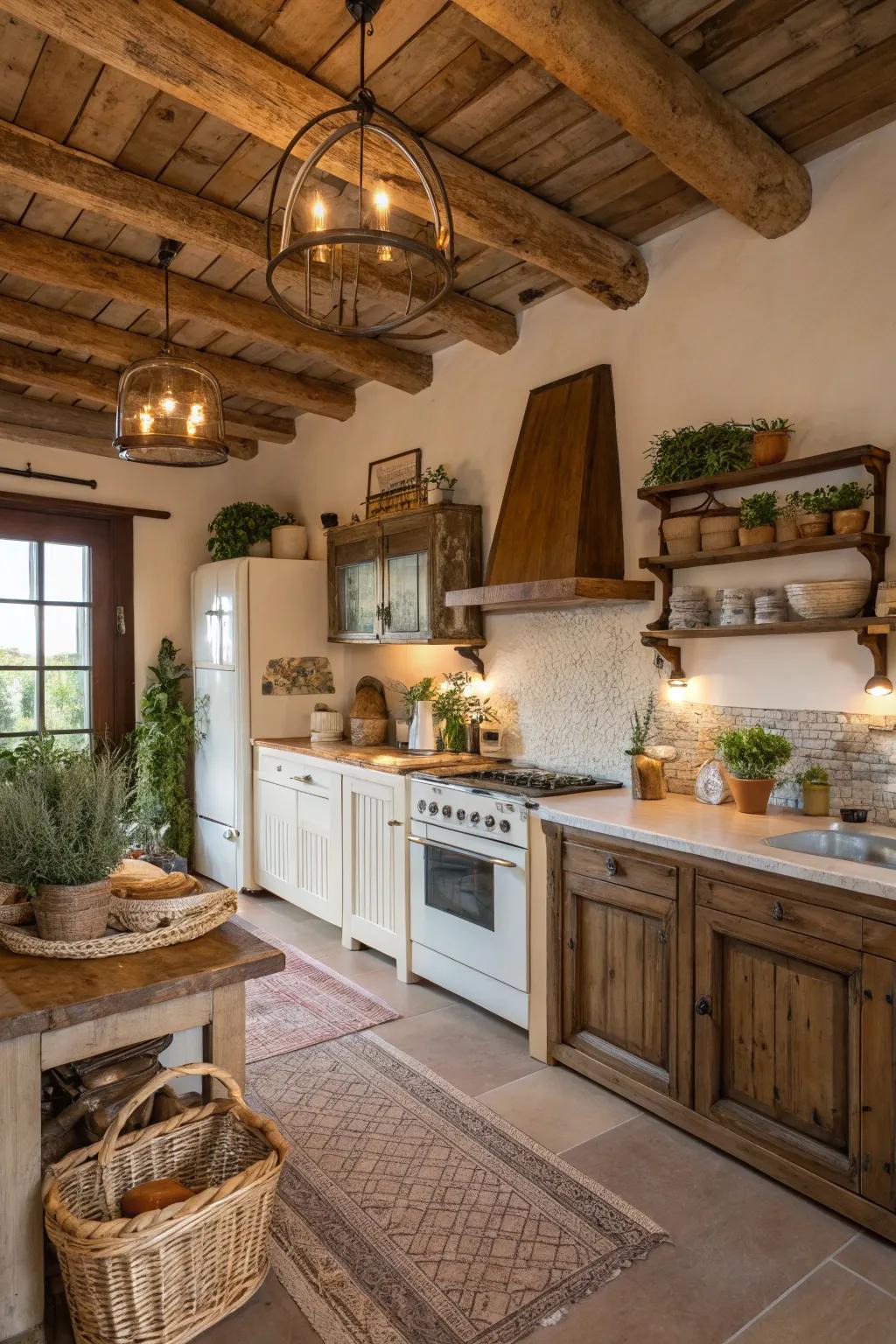 Experience the allure of country-style living with visible wooden beams in your kitchen.