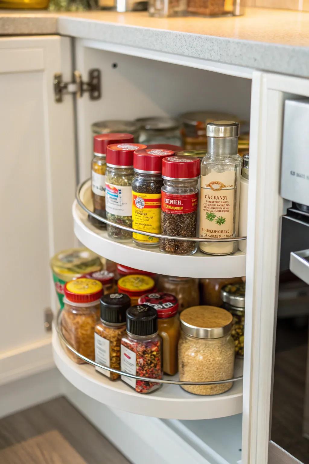 A Lazy Susan brings ease and organization to kitchen corners.