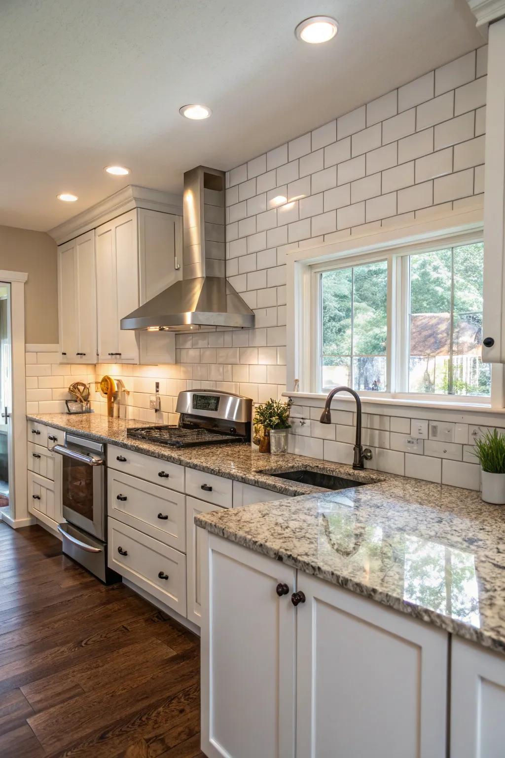 Classic kitchen style using granite surfaces paired with traditional tiles.