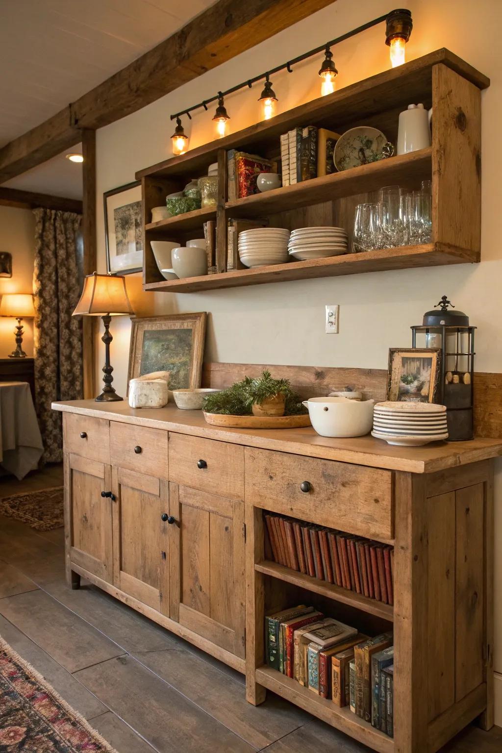 A reclaimed wooden credenza paired with open shelving adds rustic charm to this kitchen.