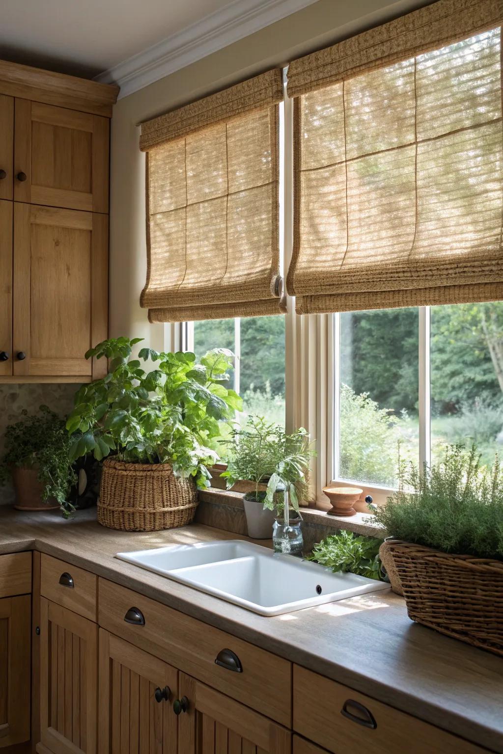 Rattan style Roman covers bring a natural element to your kitchen design.