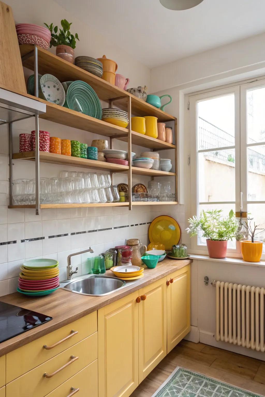 Open shelving brings both practicality and style to compact kitchens.