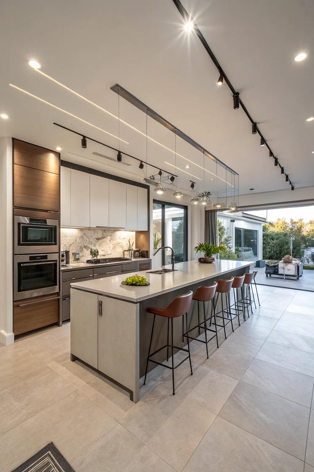 A kitchen featuring fashionable track illumination, giving a trendy flair.