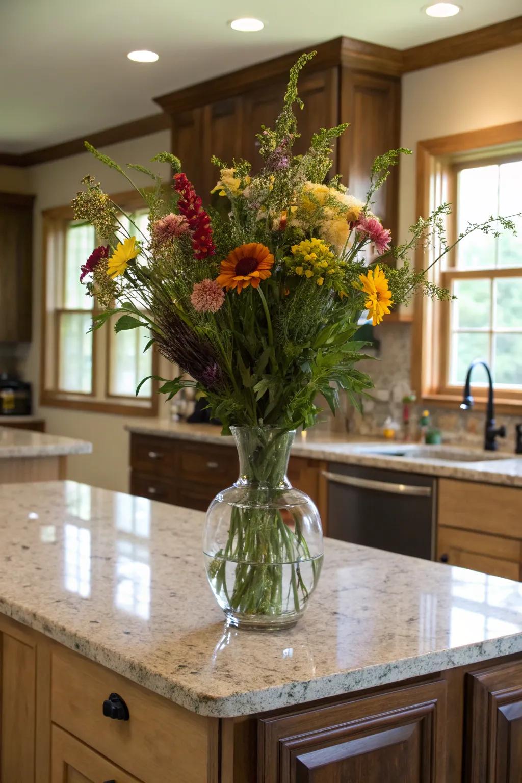 A floral centerpiece adds vibrancy and life to the kitchen.